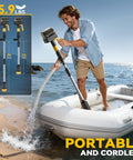 Man using Cordless 840 GPH Brushless Water Transfer Pump With Auto Shutoff on a boat showing hose and water flow.