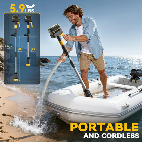 Man using Cordless 840 GPH Brushless Water Transfer Pump With Auto Shutoff on a boat showing hose and water flow.