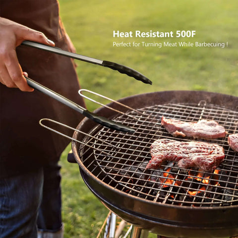Grilling with Two Pack Black Kitchen Tongs Set Pro Grade Silicone BPA Free Nonstick Stainless Steel BBQ Grilling Tongs With Locking Mechanism