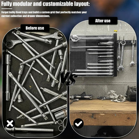 Socket Extension Holder For Tool Grid With Modular Clips To Stop The Roll And Lock Them In Place, Pegboard Compatible Organizer Before and After