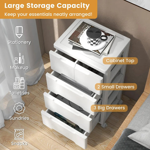 Five Drawer Rolling Storage Cart On Wheels White Plastic Organizer For Home Office And Living Room Mobile Cabinet With Three Large And Two Small Drawers Durable Vertical Storage Tower 16x13x31 top view