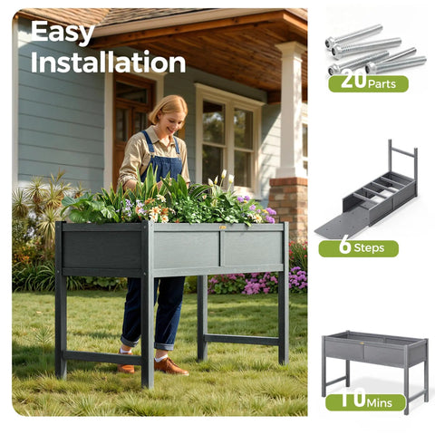 Woman using HDPE Elevated Raised Garden Bed With Legs For Outdoors 47 X 22 X 30 Inches Planter Box for Vegetables, Herbs and Flowers.