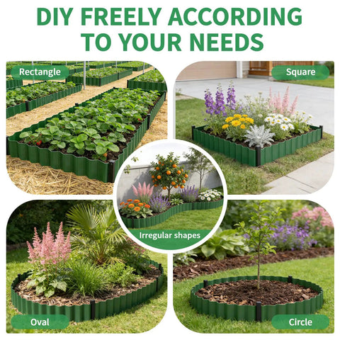 Flexible 6 Inch Corrugated Landscape Edging Kit, 29.5 Feet Long With 16 Stakes in various garden shape setups