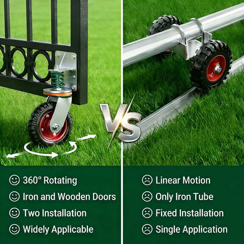 Comparison of heavy duty 6 inch gate wheel with spring loaded 600 lb capacity gate roller 360 degree swivel for gates.