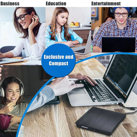 External USB 3.0 Type-C CD DVD Drive for PC and Mac Black Portable Burner with Fast Read and Write Speeds Backward Compatible with USB 1.0 to 2.0 Plug and Play Slim Durable Multisystem Compatibility connected to a laptop