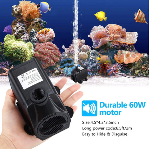 Hand holding 880GPH Submersible Fountain Pump With Six Point Five Foot Power Cord Ultra Quiet 60W Outdoor Water Pump