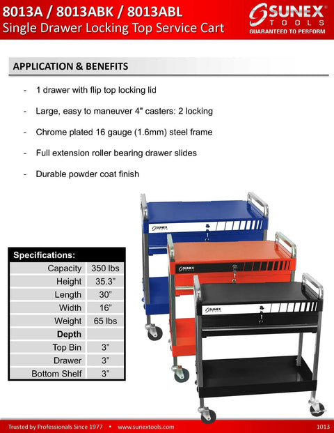 Garage Hardened Locking Top Service Cart Featuring Smooth Ball Bearing Drawers Crafted From Heavy Duty Chrome Steel Rolling Tool Station Holding 350 Pounds In Matte Black
