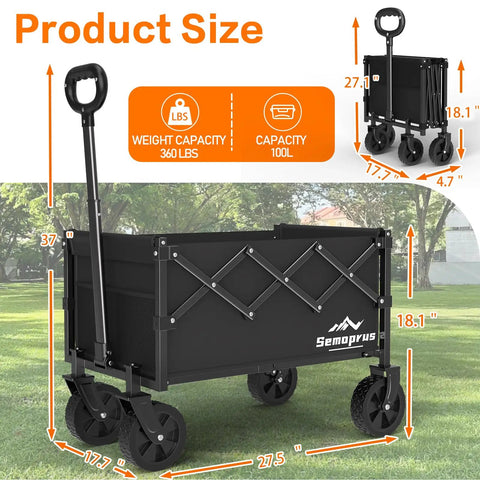Foldable Utility Wagon Cart With Wheels, Heavy Duty Hauler Capable Of 360 Lbs, 100L Portable Outdoor Wagon for all terrains