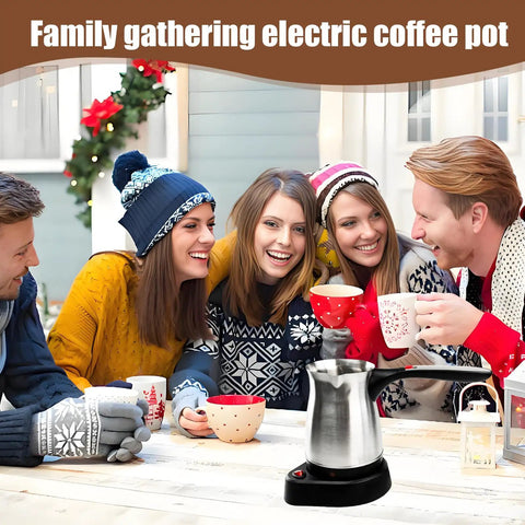 Electric Turkish Coffee Pot 600ml With Foldable Handle Stainless Steel Heating Tea Kettle 110V US Plug For Home And Travel Makes Five To Six Cups Quick Go To Rich Turkish Brew In Every Pot on a wooden table at a family gathering