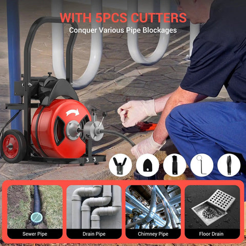 Heavy Duty Electric Drain Snake With 100 Foot Steel Core Cable And Four Precision Cutters Smashes Gnarly Blockages Like A Bad Boy Smooth Auto Feed System No Sweat Plumbing Job in action, featuring cable and cutters.