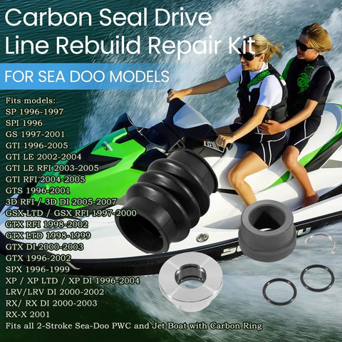 Carbon Seal Drive Line Rebuild Kit With Boot For PWC 1996 to 2007 Models featuring components and Sea-Doo on water.