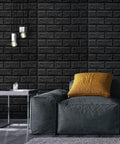 Black Faux Brick Peel And Stick Wall Panels for living room with sofa and table, waterproof foam brick wallpaper, easy DIY install.