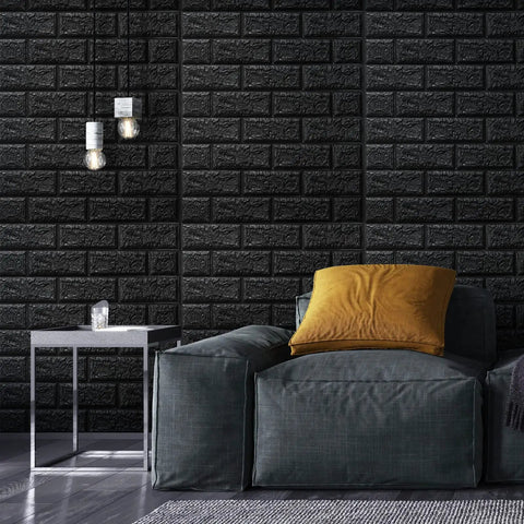 Black Faux Brick Peel And Stick Wall Panels for living room with sofa and table, waterproof foam brick wallpaper, easy DIY install.