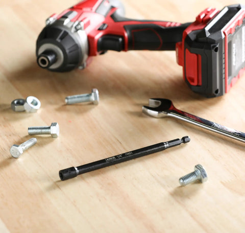 Magnetic Impact Nut Driver Bit Set Three Piece 1/4 Inch Hex Shank Six Inch Length Each Heavy Duty Nut Setters on wooden surface