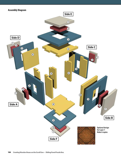 Assembly diagram of sliding panel puzzle box for Dang Cool DIY Wooden Box Patterns And Easy Instructions For Knockout Jewelry Keepsakes And Fretwork Crafts.