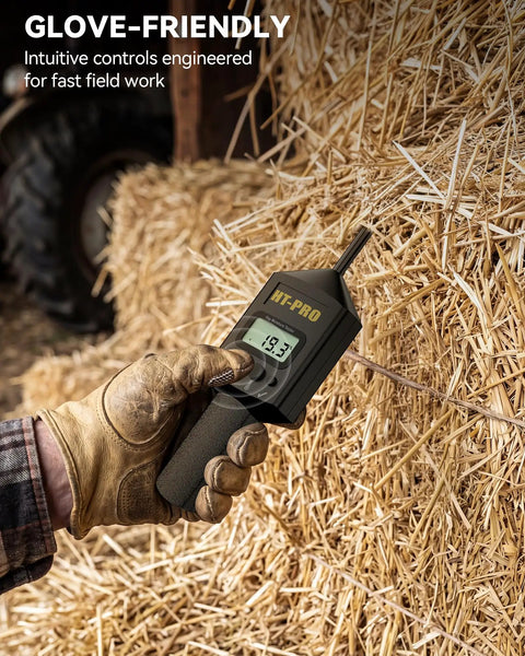 Hardcore Hay Moisture Meter With 20 Inch Reinforced Probe, Digital Temperature Readout For Alfalfa And Bales, Pro Grade Carry Bag Included, Works On Square And Round Hay Bales, Keeps Your Harvest Fresh And Storage Safe, glove-held in hay bale