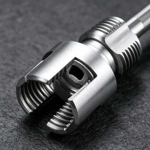 Close-up of Heavy Duty 4 In 1 PVC Pipe Threader with stainless steel dual threading heads for 1/2 to 1 inch tubing.