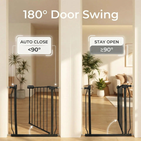 No Sweat Setup Extra Wide Baby Gate For Doorways And Stairs Adjustable Swing showing 180° door swing options in home setting.