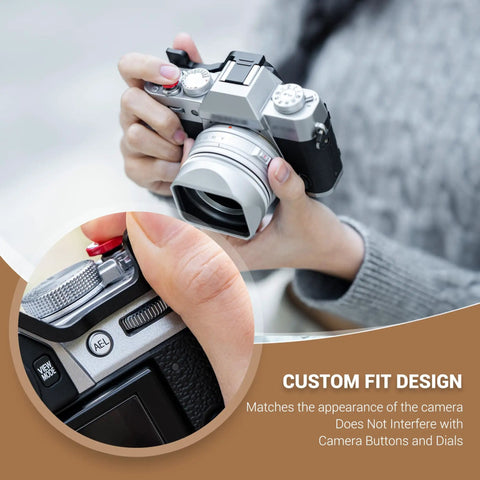 Person holding camera with XT30III Pro Thumb Grip With Shutter Button For XT30II XT20 XT10 Mirrorless Cameras, close-up view.