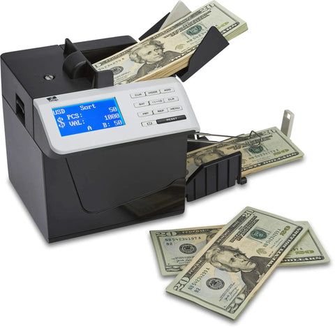 New 2024 Mixed Denomination Money Counter And Counterfeit Detector for Eight Currencies in action with cash bills displayed