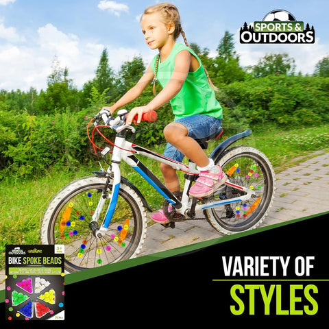 Girl riding bike with colorful 36 piece clip on bike spoke beads for kids wheel decorations multicolor Spokey Dokeys easy attach