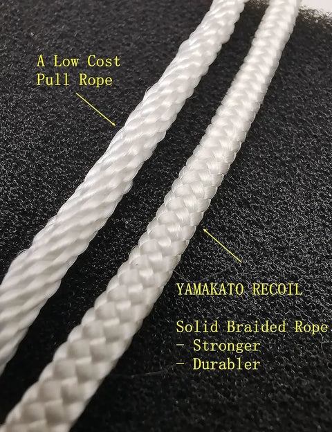 Comparison of low cost pull rope and Yamakato recoil rope on textured background.