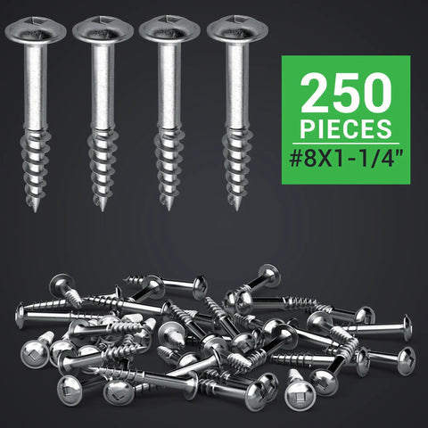 Pocket Screws No 8 One And A Quarter Inch Zinc Plated Square Drive Washer Head for woodworking and DIY, 250 pack