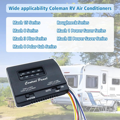 RV Thermostat Replacement 7330F3852 for Mach series air conditioners with control panel and wiring, camper background