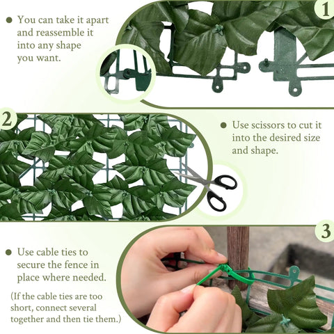 Artificial Ivy Privacy Fence Wall Screen 40x120 Inches For Patio Balcony Garden Backyard Indoors Outdoor UV Resistant Faux Greenery showing reconfigurable setup with tools for cutting and securing with cable ties.