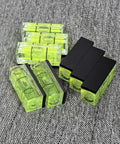Top Tier 5 Piece Set Of Mini Magnetic Bubble Levels Your Go To Pocket Spirit Squares With Rock Strong Adhesion, five green bubble levels on fabric.