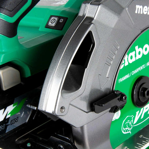 Close-up of blade housing on 36V MultiVolt 7-1/4 Inch Circular Saw With Torque Boost Technology for thick materials.