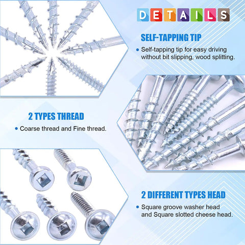 Image showing details of 260 Piece Pocket Hole Screw Set With 8 Sizes Square Drive Coarse And Fine Thread Self Tapping Screws.