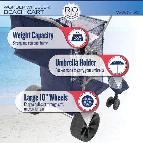 Wonder Wheeler Deluxe All Terrain Utility Cart For Lawn And Beach Folding Tote with 10 inch wheels and umbrella holder