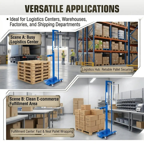 Ergonomic Manual Pallet Wrapper With Adjustable Up To 80 Inch Height For Hassle Free Stretch Film Dispensing in logistics center.