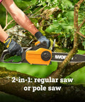 Person using Pole Saw With Ten Foot Reach And Fast Twenty Eight Feet Per Second Chain Speed, 8 Amp Electric Pole Saw for pruning
