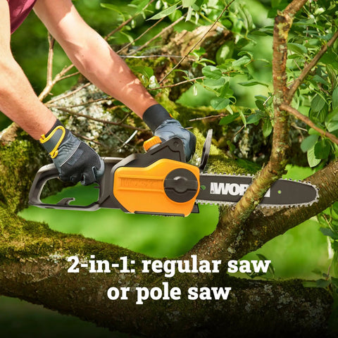 Person using Pole Saw With Ten Foot Reach And Fast Twenty Eight Feet Per Second Chain Speed, 8 Amp Electric Pole Saw for pruning