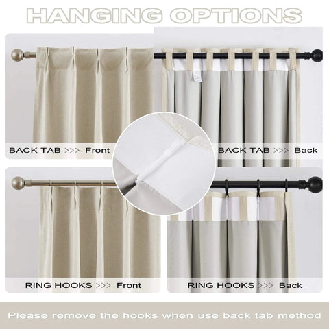 Hanging options for 102 Inch Pinch Pleated Blackout Curtains Two Panels With Hooks for Track Sliding Doors, front and back views.