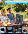Family enjoying outdoor picnic with 10 Inch Box Fan With 3 Speeds And 8 Hour Timer Quiet Square Window Fan in background