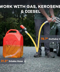 Heavy Duty Battery Powered Fuel Transfer Pump Pulling 3.8 Gallons Per Minute with a 78.7" outtake hose filling a vehicle.