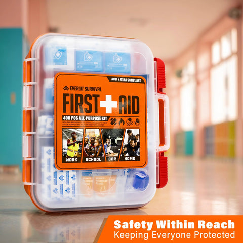 Everlit Survival 400-pc first aid kit in a clear wall-mount case with orange label.