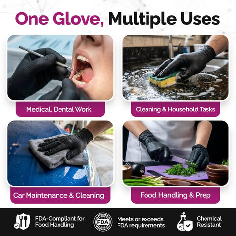Tough As Nails Black Nitrile Gloves With Top Tier Chemical Resistance And Advanced Tear Protection For Law Enforcement Medical Labs And Industrial Settings Built Different Smooth Grip Technology used for dental work and cleaning.