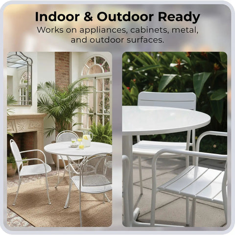 White outdoor table and chairs showing surfaces suitable for High Gloss White Touch Up Paint For Porcelain And Appliances, 1 Fl Oz.