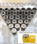 Pro-Grade 26 Pc ER32 Collet Set for Shank Chuck 1/32 to 13/16 Inch Range displayed in pyramid formation with packaging