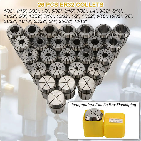 Pro-Grade 26 Pc ER32 Collet Set for Shank Chuck 1/32 to 13/16 Inch Range displayed in pyramid formation with packaging