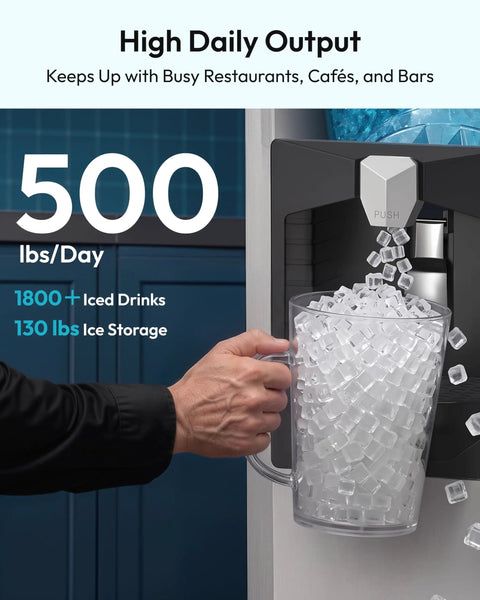 Pro-Level Commercial Icemaker Drops Heavy Cubes Quick With A Slick SECOP Motor And Zero Hassle Storage Bin built for restaurants, showing ice bin and ice cubes.