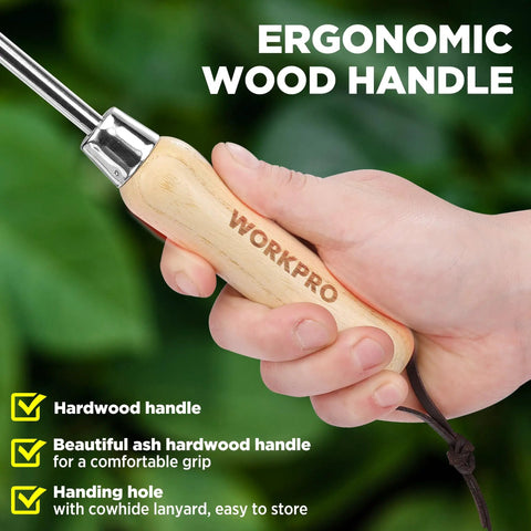 Close-up of ergonomic wood handle on Two Pronged Dandelion Weeder Puller Tool With Wood Handle Stainless Steel Garden Weed Remover.