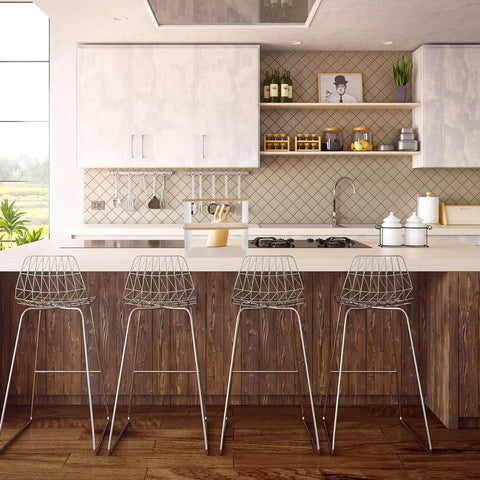 Clear The Counter Clutter With This Slick Wooden Acrylic Display Shelf in a modern kitchen setting with stainless steel stools.
