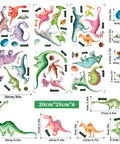 Dinosaur wall decal set with multicolored dinosaurs, leaves, and eggs. Sizes vary from 2cm to 25cm. Vinyl material shown.