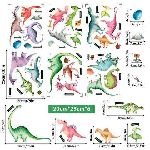 Dinosaur wall decal set with multicolored dinosaurs, leaves, and eggs. Sizes vary from 2cm to 25cm. Vinyl material shown.