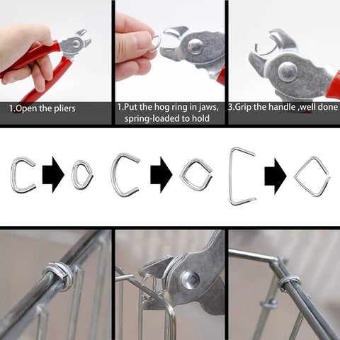 Heavy Duty Hog Ring Kit With Pro Pliers, 270 Rings In 3 Sizes, Galvanized Steel, shown in use for fencing and installation steps